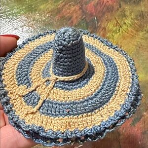 Vintage Pin Cushion Handmade Crochet Mini Sombrero Blue